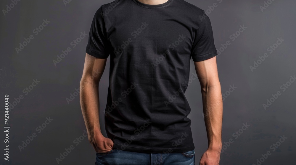 man wearing black shirt on gray background. mockup concept man wearing black shirt on gray background. mockup concept