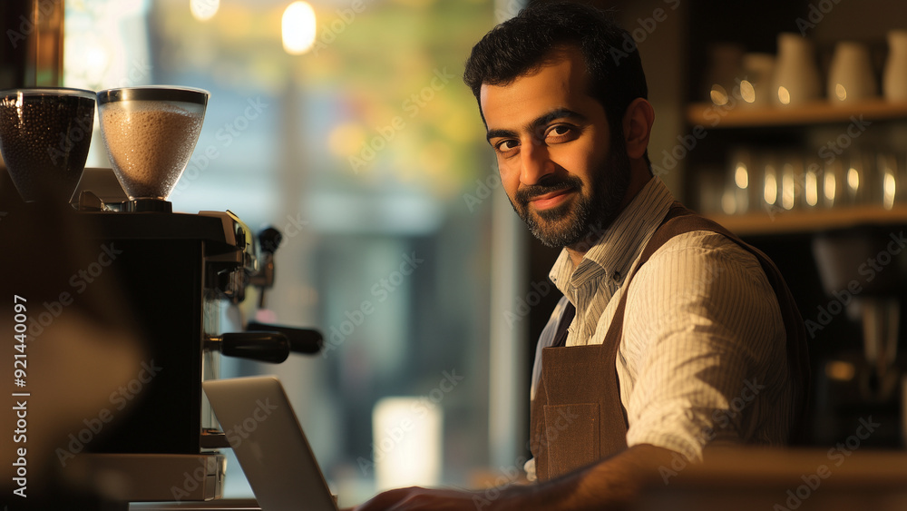 upscale coffee shop business with warm lighting a Middle-Eastern man works on his laptop growing his business as an entrepreneur professional upscale coffee shop business with warm lighting a Middle-Eastern man works on his laptop growing his business as an entrepreneur professional