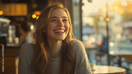 Modern Coffee Shop In a trendy, naturally lit coffee shop a young Caucasian woman in stylish casual wear laughs 