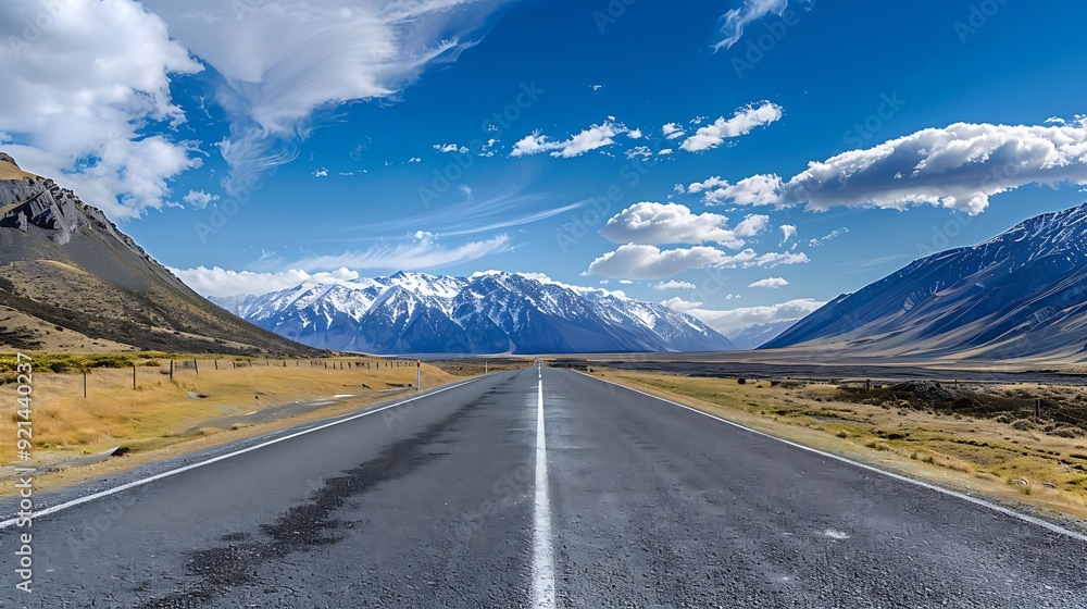 Fototapeta premium Asphalt Road Leading to the Snowy Mountains