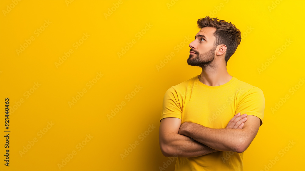 黄色背景の前で悩んでいるポーズをする若い男性をリアルに描いたAI生成画像 黄色背景の前で悩んでいるポーズをする若い男性をリアルに描いたAI生成画像