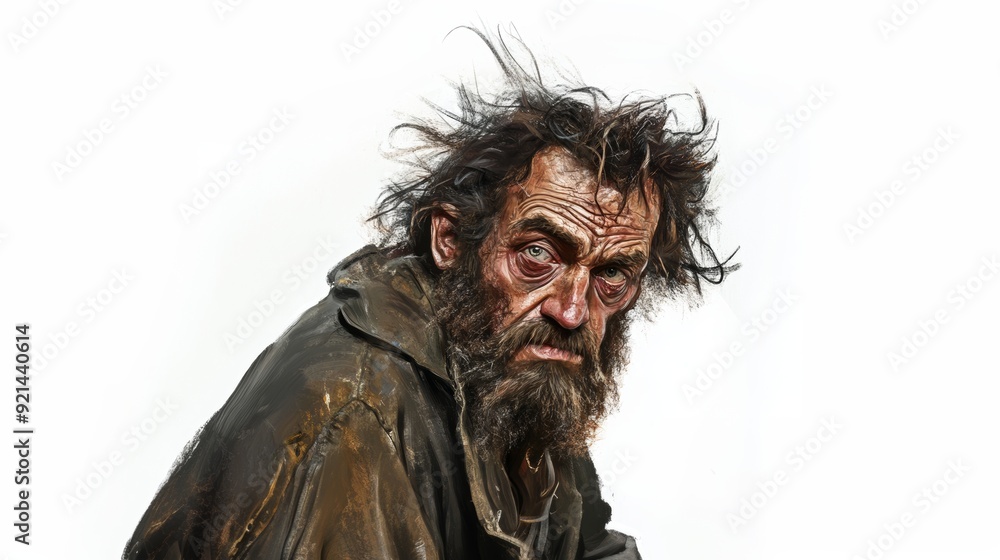 A portrait of an older man with a long beard and messy hair, looking at the camera with a serious expression. A portrait of an older man with a long beard and messy hair, looking at the camera with a serious expression.