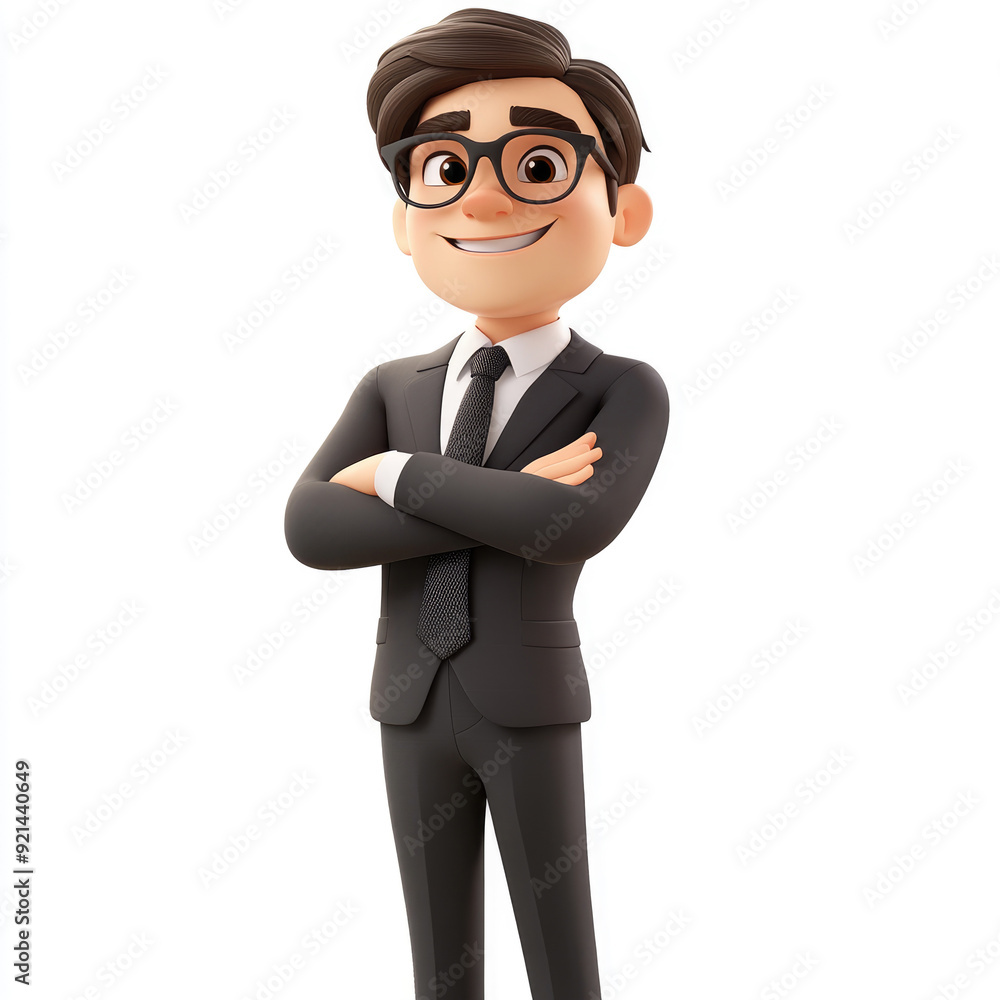3D cartoon, A smiling young man in glasses is depicted, wearing an elegant suit and tie with his arms crossed in a pose. on a white background 3D cartoon, A smiling young man in glasses is depicted, wearing an elegant suit and tie with his arms crossed in a pose. on a white background