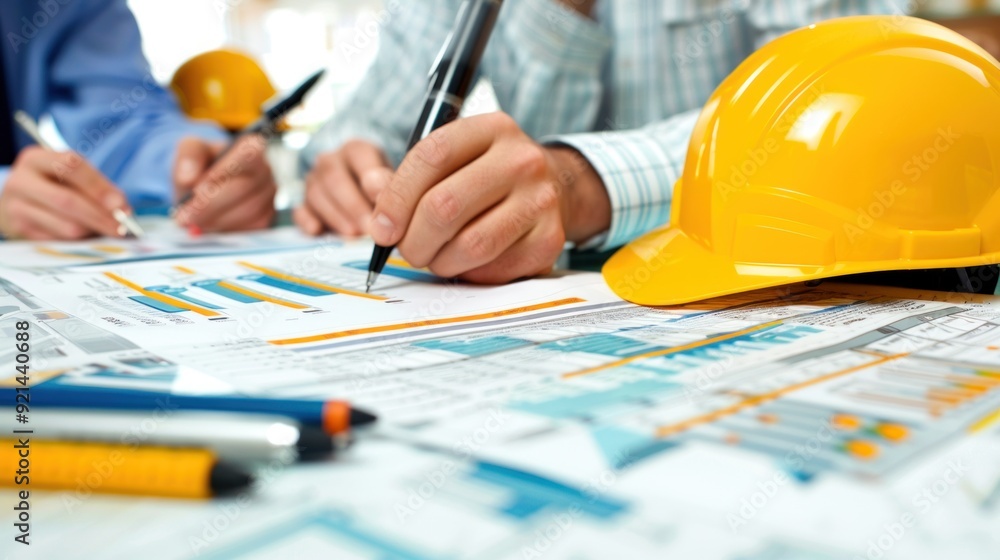 Generate a photo realistic image of a construction project team reviewing expense forecasts, with detailed financial charts and forecasting reports; ensure the image is of high resolution Generate a photo realistic image of a construction project team reviewing expense forecasts, with detailed financial charts and forecasting reports; ensure the image is of high resolution