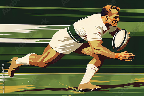 Retro futuristic digital art featuring a dynamic rugby player in bold geometric design