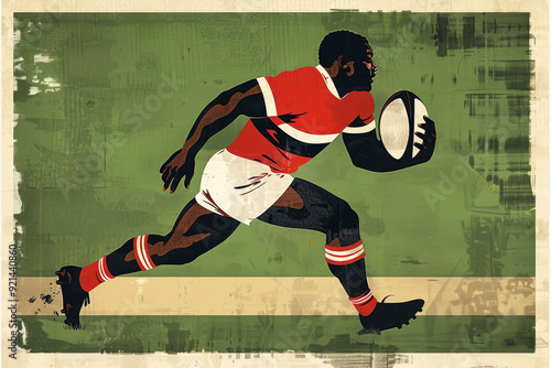 Dynamic retro futuristic rugby player art  bold geometric design with powerful vibe in digital style