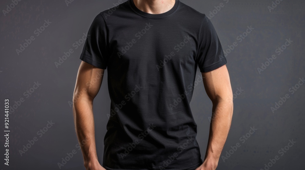 man wearing black shirt on gray background. mockup concept man wearing black shirt on gray background. mockup concept