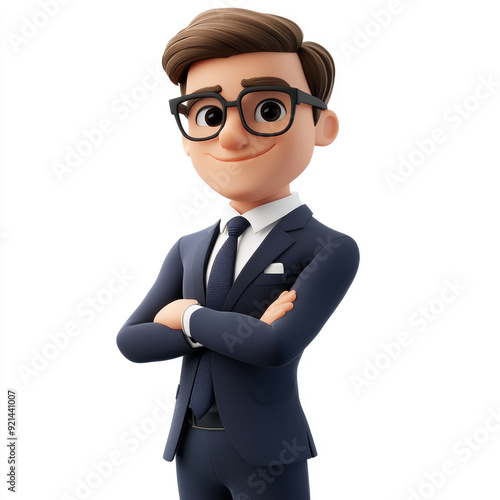3D cartoon, A smiling young man in glasses is depicted, wearing an elegant suit and tie with his arms crossed in a pose. on a white background