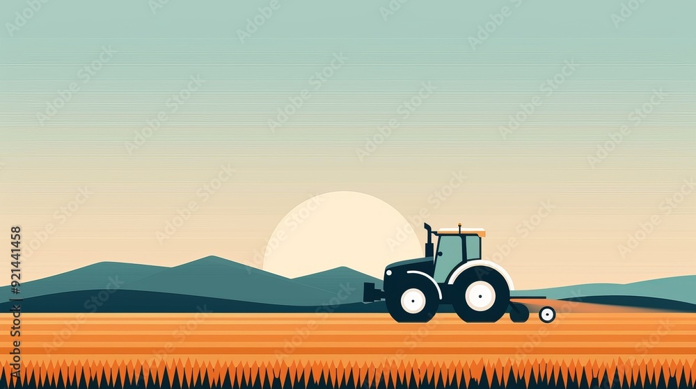 A tractor in a farm field, minimalistic style, clear and simple design, 2D vector illustration, muted colors A tractor in a farm field, minimalistic style, clear and simple design, 2D vector illustration, muted colors