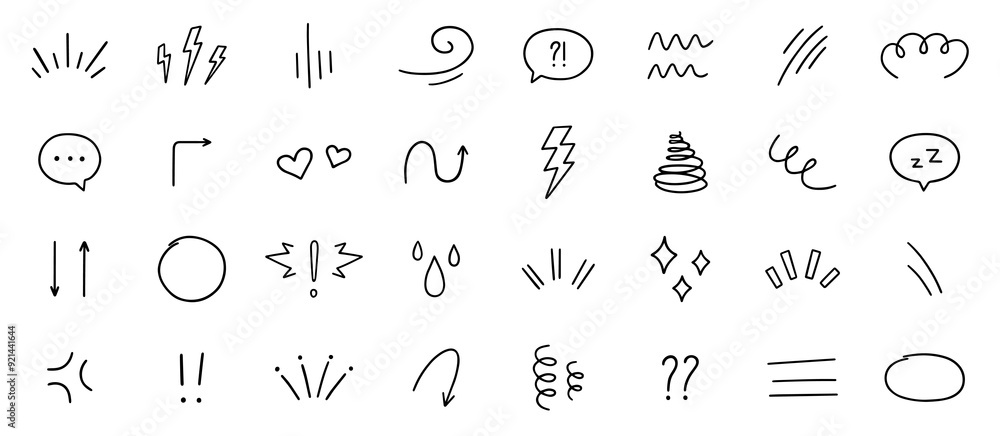 Naklejka premium Expression sign, Anime manga doodle set. Comic decorative brush stroke lines, design elements, emotion symbols, movement in sketch style. Hand drawn vector illustration isolated on white background