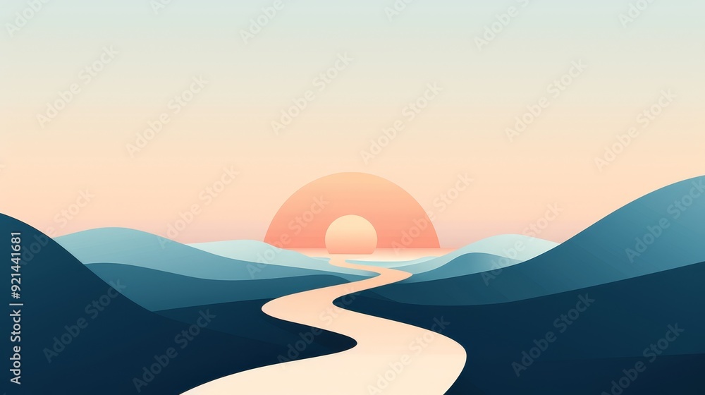 A clean, uncomplicated river flowing through a plain background, minimalistic 2D vector art, soft color palette