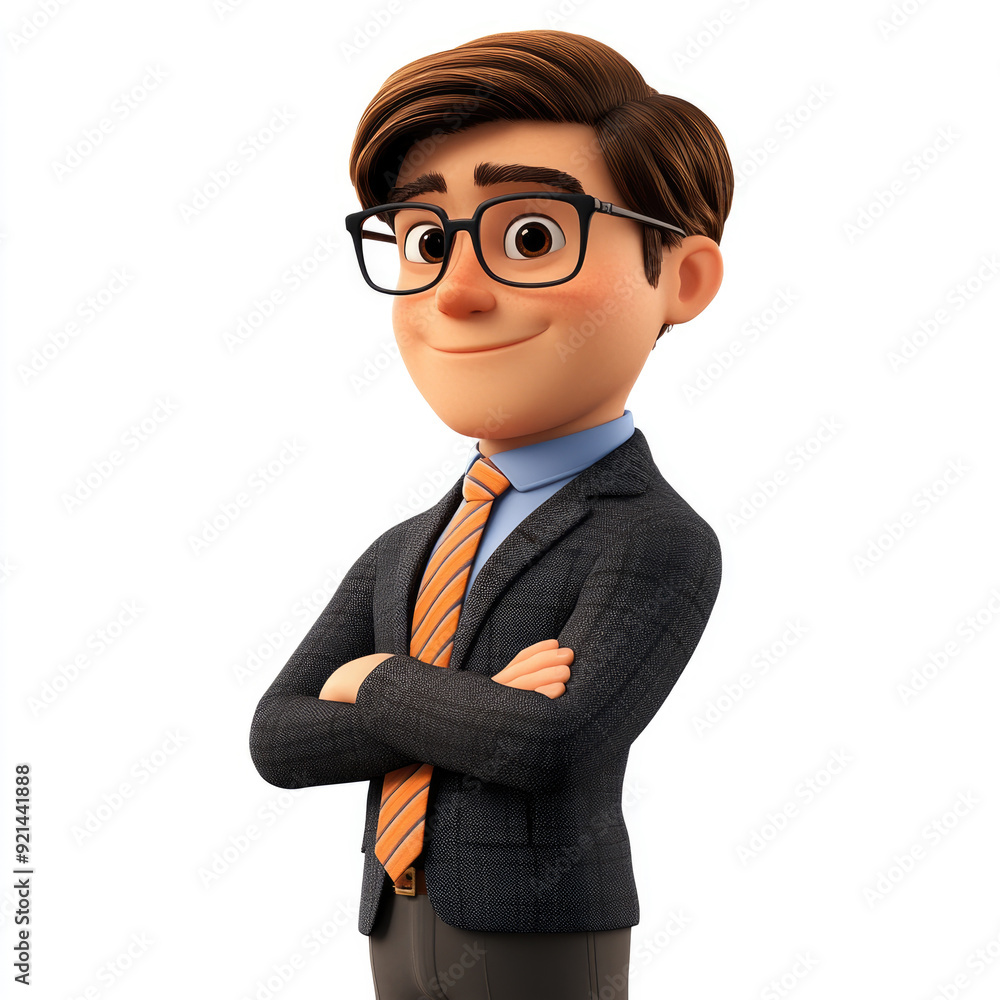 3D cartoon, A smiling young man in glasses is depicted, wearing an elegant suit and tie with his arms crossed in a pose. on a white background 3D cartoon, A smiling young man in glasses is depicted, wearing an elegant suit and tie with his arms crossed in a pose. on a white background