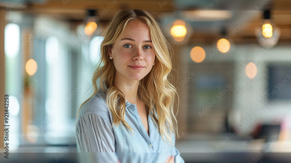 Blonde white woman wearing a cutter shirt Blonde white woman wearing a cutter shirt