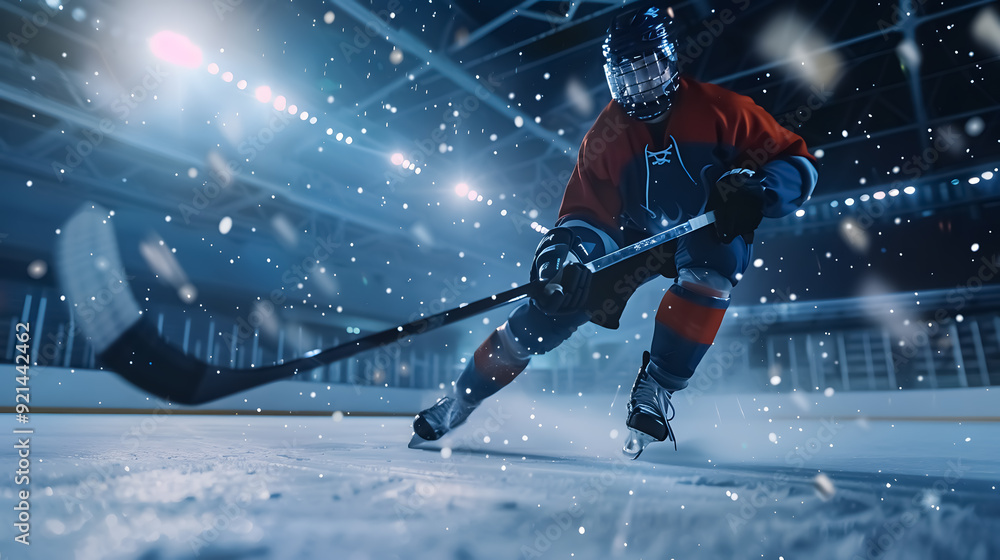 Obraz premium Ice Hockey Rink Arena: Professional Player Shooting the Puck with Hockey Stick. Focus on 3D 
