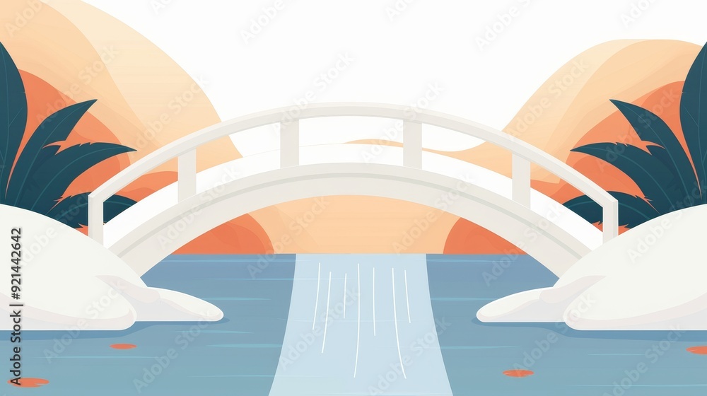 A clean, simple bridge above a flowing stream, flat design, basic shapes, 2D vector illustration, light colors