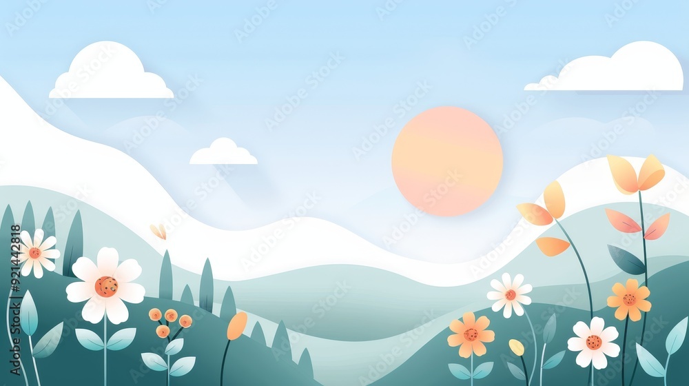 A simple meadow filled with flowers, flat design, basic shapes, 2D vector art, light and airy A simple meadow filled with flowers, flat design, basic shapes, 2D vector art, light and airy