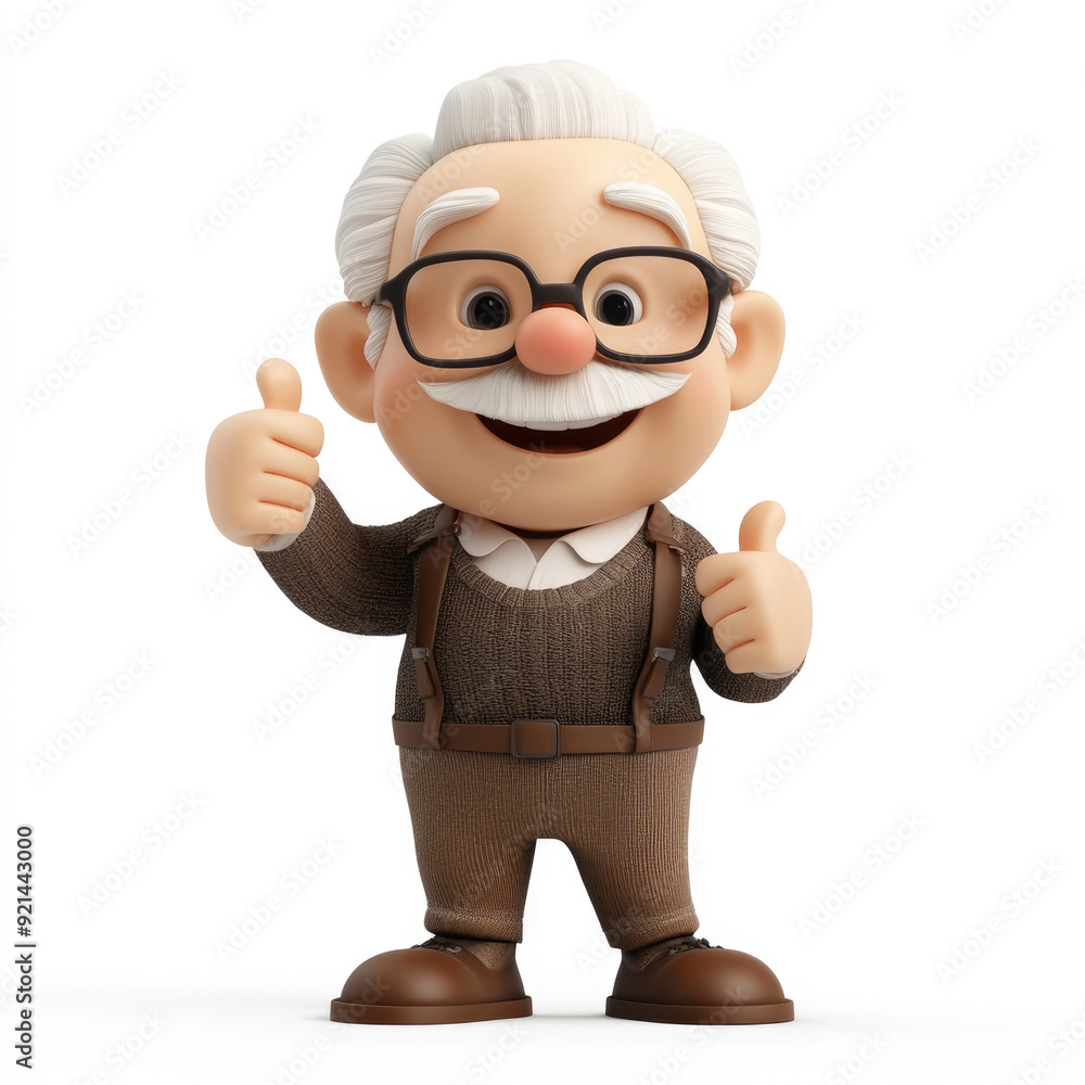 The cartoon elder man with glasses is smiling and giving a thumbs up. A 3D character on a white background