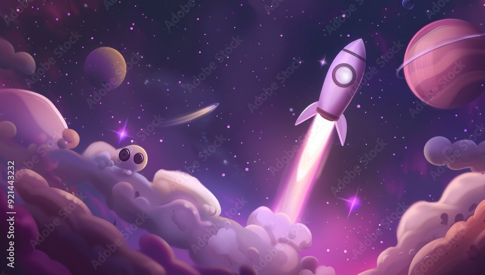 Naklejka premium Rocket Launch in a Cosmic Landscape