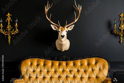 taxidermy stag head displayed in a luxurious baroque-themed living room with a dark grey wall photo