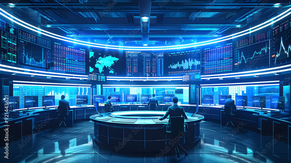 Trading Floor Background: Illustration of a stock market exchange with round workstations Trading Floor Background: Illustration of a stock market exchange with round workstations