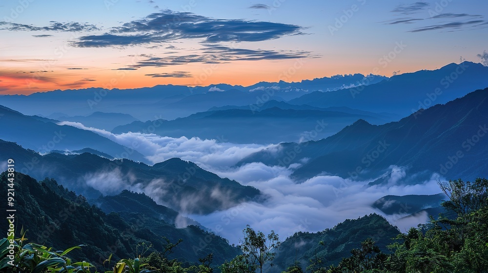 Obraz premium Landscape View Of Mountains And The Sea Of Clouds With Sunset At Eryanping Trail, Alishan National Scenic Area, Xiding, Chiayi,Taiwan