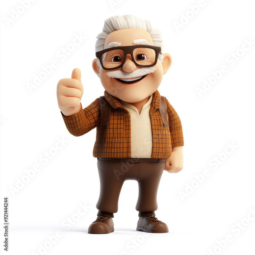 The cartoon elder man with glasses is smiling and giving a thumbs up. A 3D character on a white background