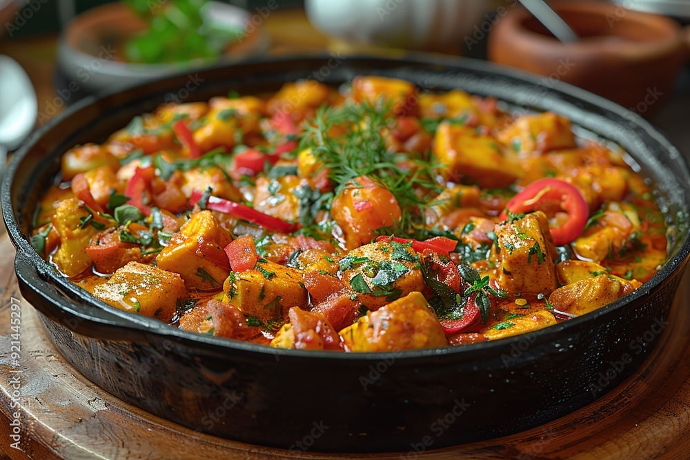 Close-up of a Delicious Fish Stew in a Black Cast Iron Pan Close-up of a Delicious Fish Stew in a Black Cast Iron Pan