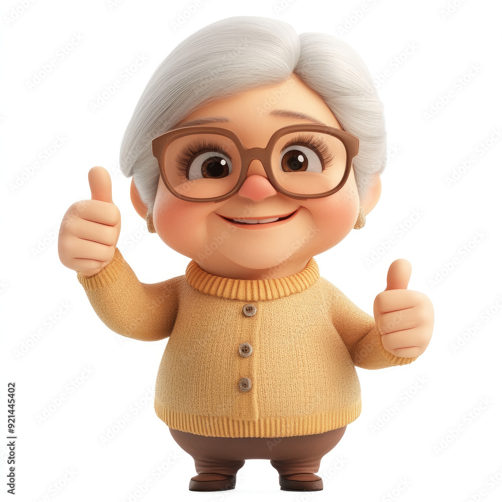 The cartoon elder woman with glasses is smiling and giving a thumbs up. A 3D character on a white background The cartoon elder woman with glasses is smiling and giving a thumbs up. A 3D character on a white background