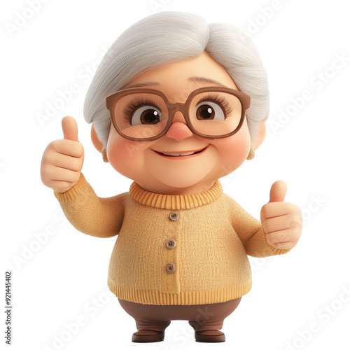 The cartoon elder woman with glasses is smiling and giving a thumbs up. A 3D character on a white background
