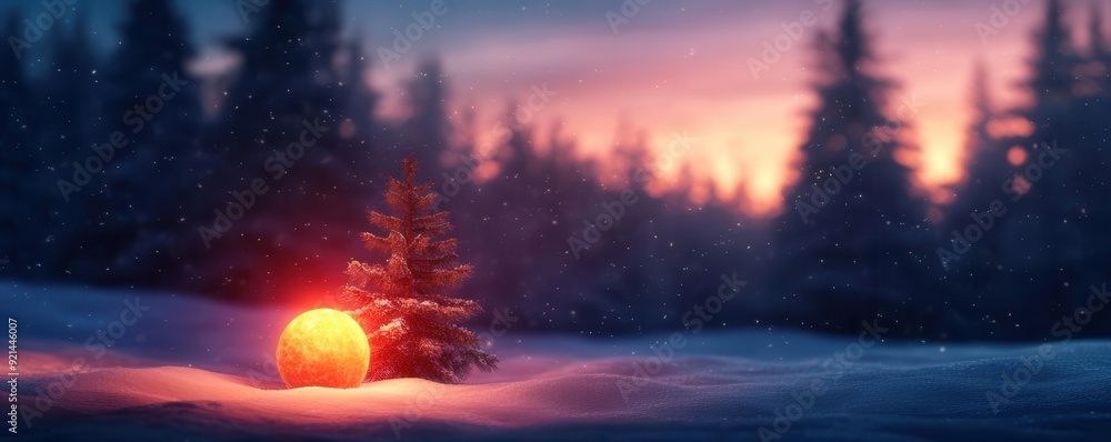 A beautiful winter scene featuring a glowing ornament and a snow-covered landscape at dusk, perfect for the holiday spirit. A beautiful winter scene featuring a glowing ornament and a snow-covered landscape at dusk, perfect for the holiday spirit.