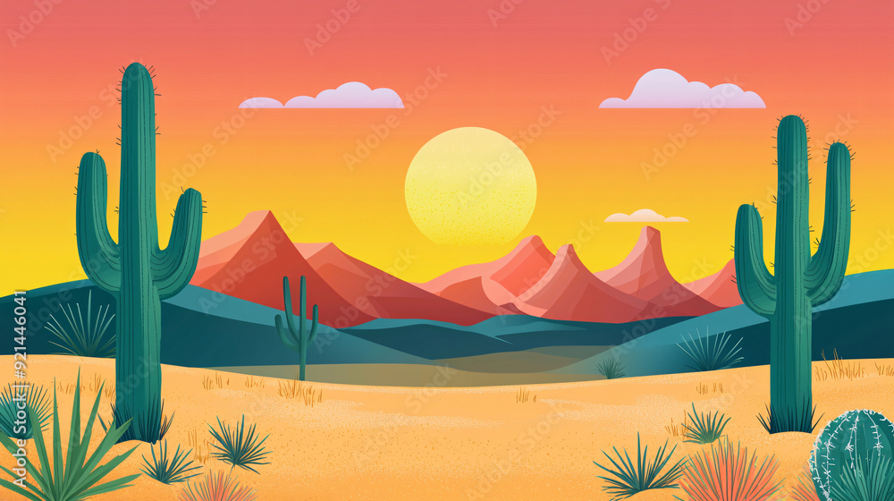 vector illustration of a rugged Wild West landscape with rolling desert hills, cacti, and a distant mountain range under a vibrant sunset sky vector illustration of a rugged Wild West landscape with rolling desert hills, cacti, and a distant mountain range under a vibrant sunset sky
