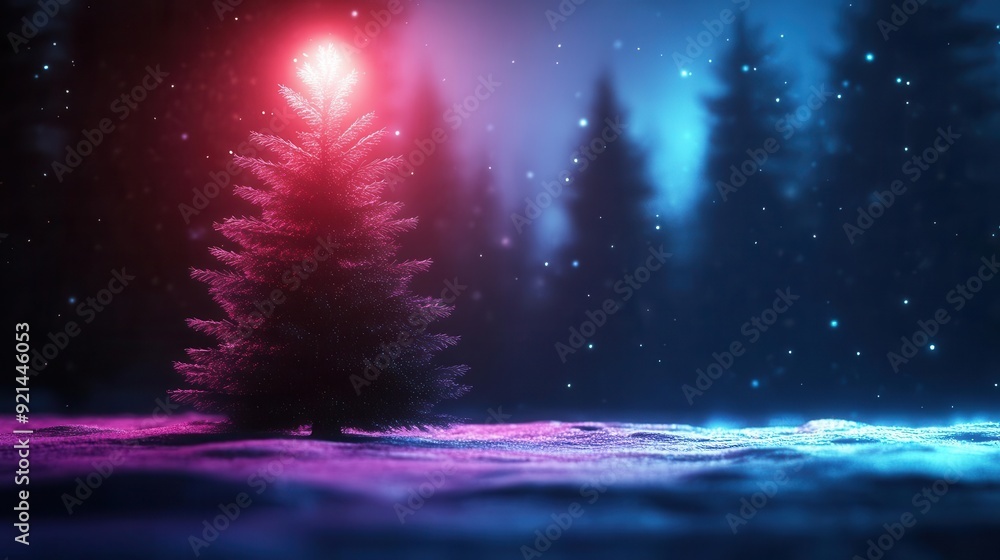 Naklejka premium A colorful winter scene featuring a glowing Christmas tree amidst a snow-covered landscape with a magical atmosphere.