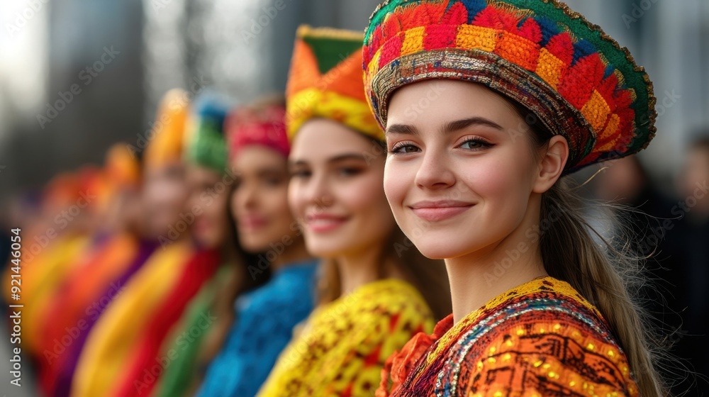 Fototapeta premium A colorful showcase of traditional costumes at a lively cultural festival featuring smiling young women in vibrant attire.