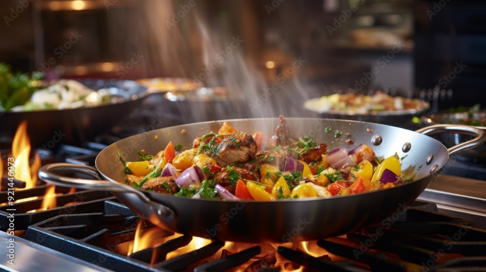 Sizzling Stir-Fry Feast: Vibrant Vegetables and Tender Meat on Flaming Stove Sizzling Stir-Fry Feast: Vibrant Vegetables and Tender Meat on Flaming Stove