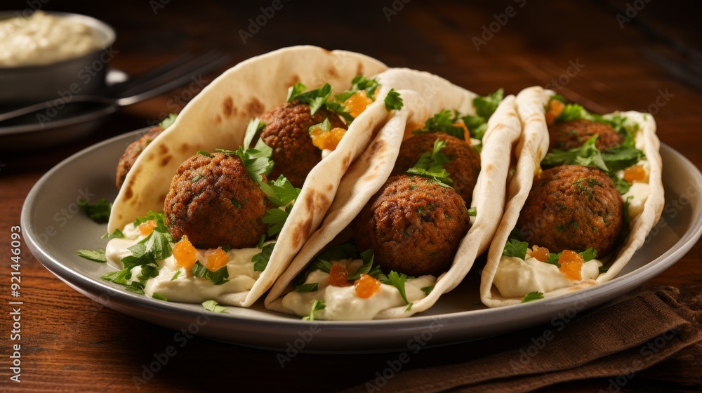 Delicious Falafel Pita Wraps with Tahini Sauce on a Rustic Table Delicious Falafel Pita Wraps with Tahini Sauce on a Rustic Table