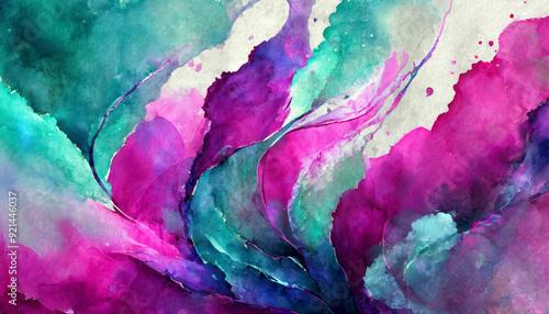 Colorful abstract watercolor ink painting art with fluor acid colors, fuchsia pink, purple, turquoise, blue, white with liquid fluid shapes and paper texture. Multicolor paint wallpaper or background.