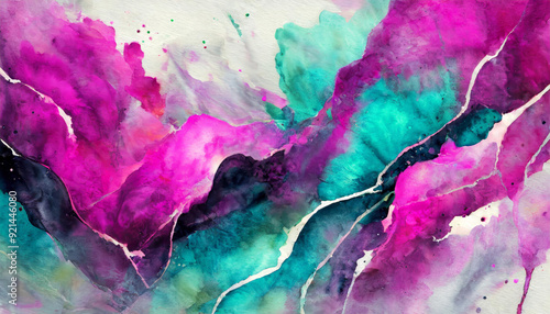 Colorful abstract watercolor ink painting art with fluor acid colors, fuchsia pink, purple, turquoise, blue, white with liquid fluid shapes and paper texture. Multicolor paint wallpaper or background.