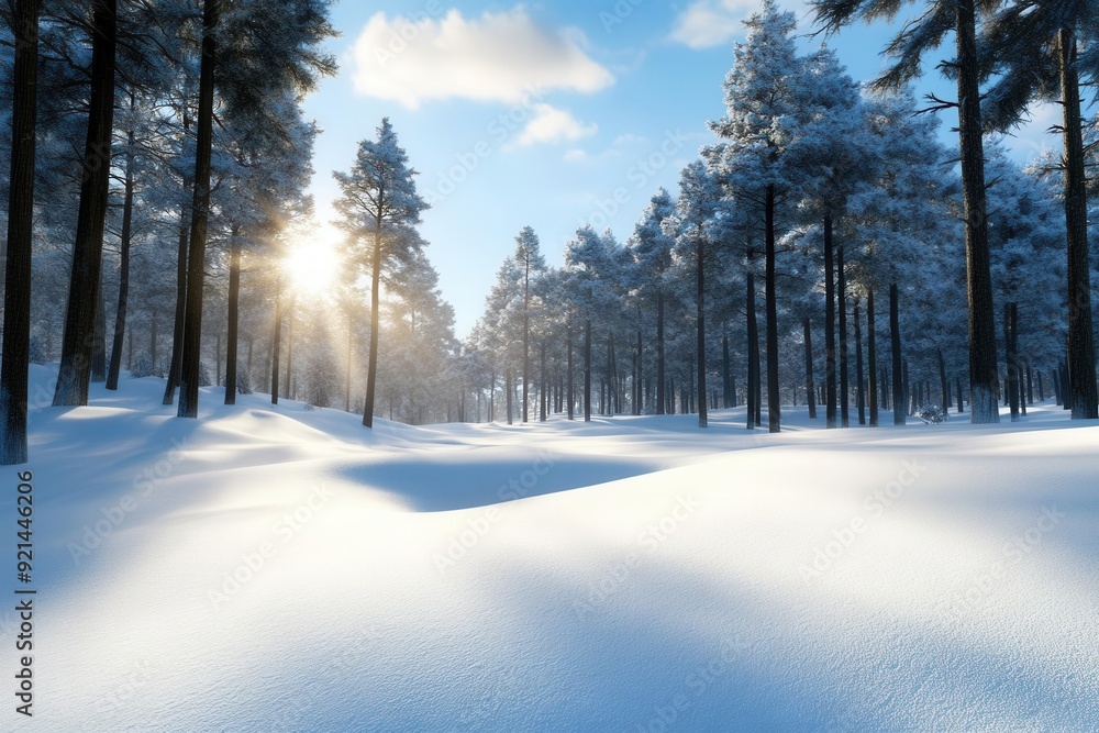 A serene winter landscape featuring snow-covered trees under a bright blue sky and the warm glow of sunlight emerging through branches. A serene winter landscape featuring snow-covered trees under a bright blue sky and the warm glow of sunlight emerging through branches.