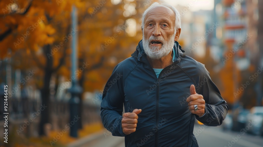 Senior Man Running in the City During Fall Senior Man Running in the City During Fall