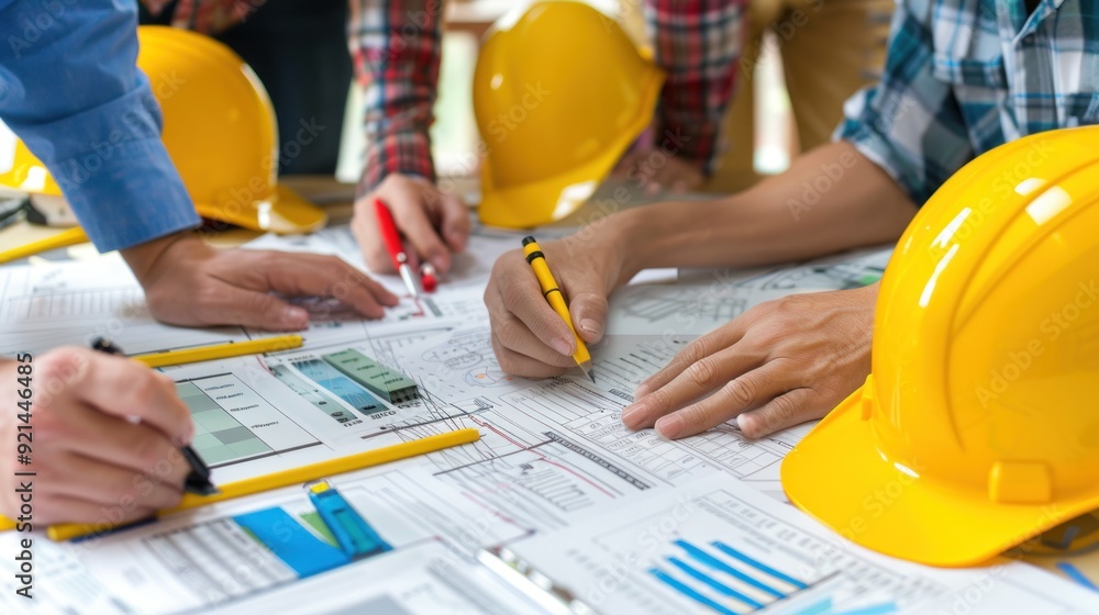 Generate a photo realistic image of a construction project team strategizing budget planning techniques, with detailed financial charts and planning strategies; ensure the image is of high resolution Generate a photo realistic image of a construction project team strategizing budget planning techniques, with detailed financial charts and planning strategies; ensure the image is of high resolution