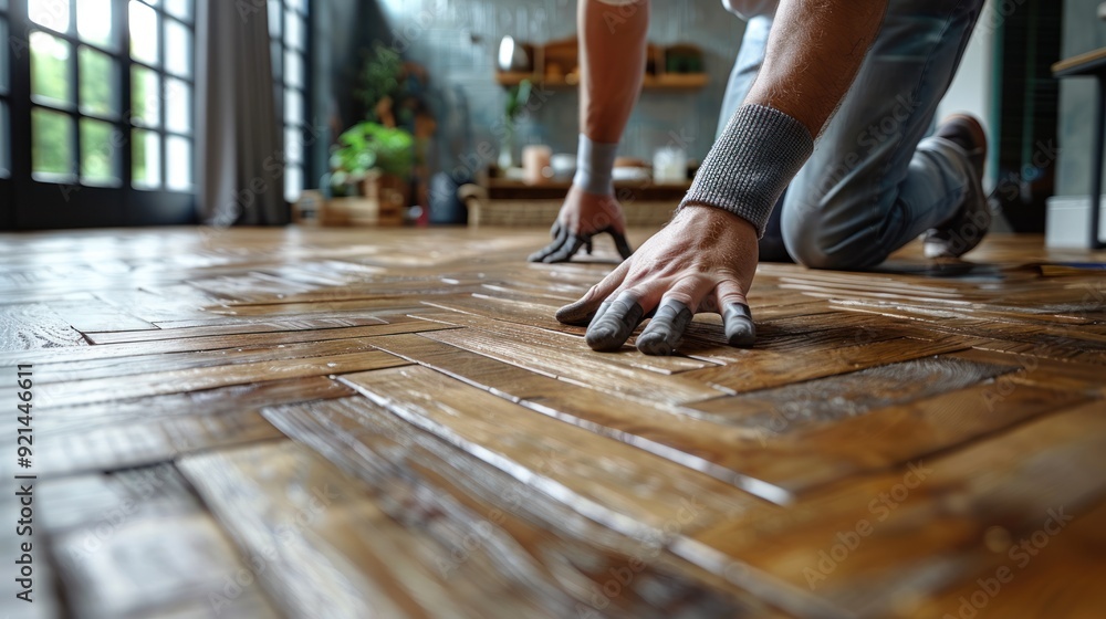 Close-up of a man's hands applying sealant to a wooden floor. Hardwood floor refinishing and repair. Close-up of a man's hands applying sealant to a wooden floor. Hardwood floor refinishing and repair.