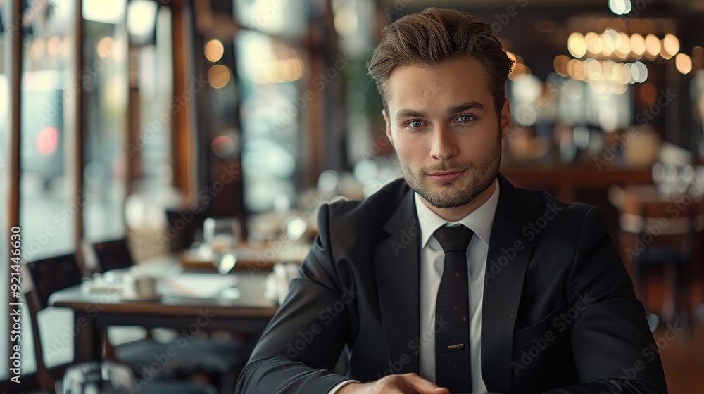 Handsome man in a black suit. Businessman working in a cafe Handsome man in a black suit. Businessman working in a cafe
