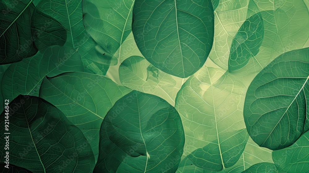 Obraz premium Lush green leaves overlap, creating a vibrant display of nature under gentle light
