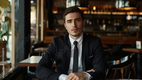 Handsome man in a black suit. Businessman working in a cafe