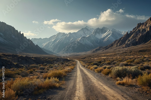 a desolate road, rugged mountains, sparse vegetation