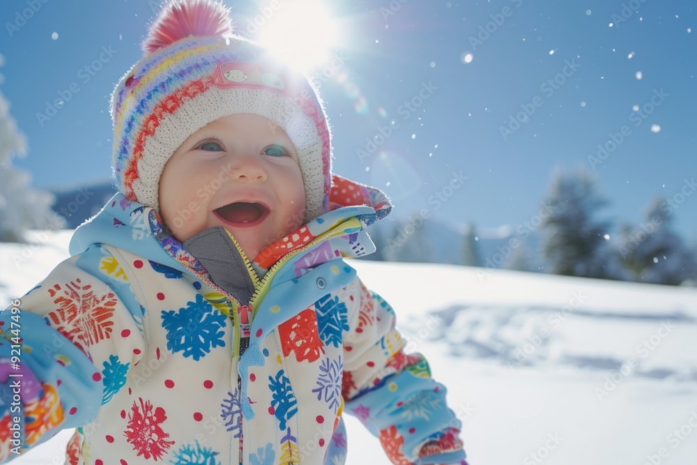 A joyful infant dressed in colorful winter clothing, enjoying a sunny frosty day outdoors. For winter campaigns, family ads, blog posts, and children's product marketing with copy space A joyful infant dressed in colorful winter clothing, enjoying a sunny frosty day outdoors. For winter campaigns, family ads, blog posts, and children's product marketing with copy space