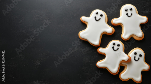 Whimsical Halloween ghost cookies with delicate royal icing on mysterious black background