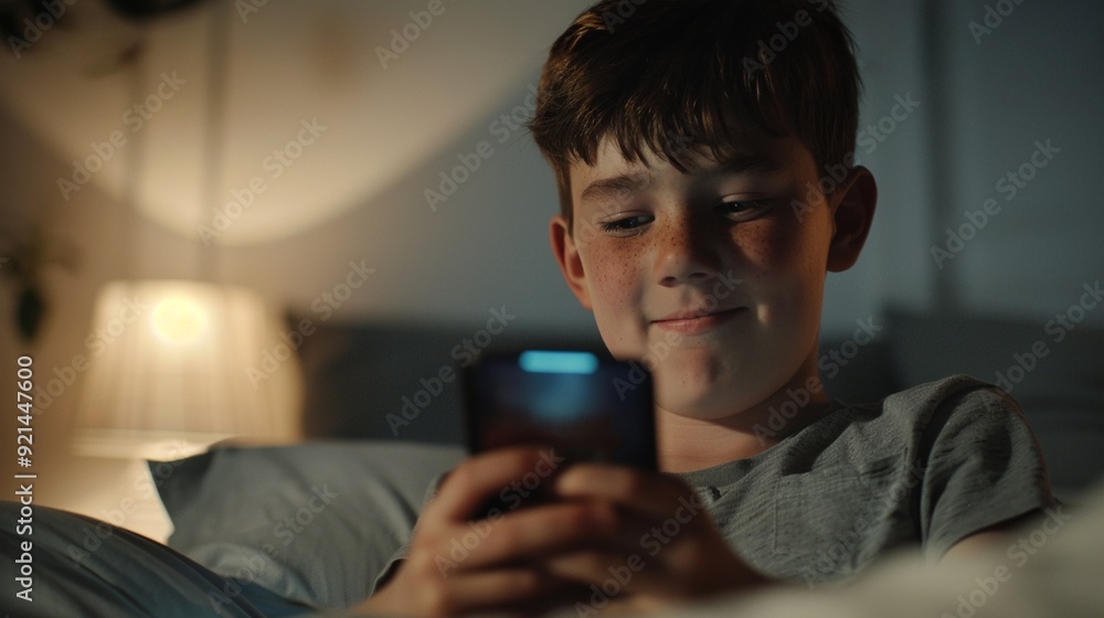 A boy smiling while using a smartphone in a homey environment. For marketing, family brands, or educational content. Banner with copy space A boy smiling while using a smartphone in a homey environment. For marketing, family brands, or educational content. Banner with copy space