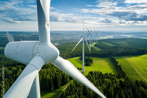 Wind turbines overlooking green landscape. Renewable energy concept banner for environmental campaigns photo