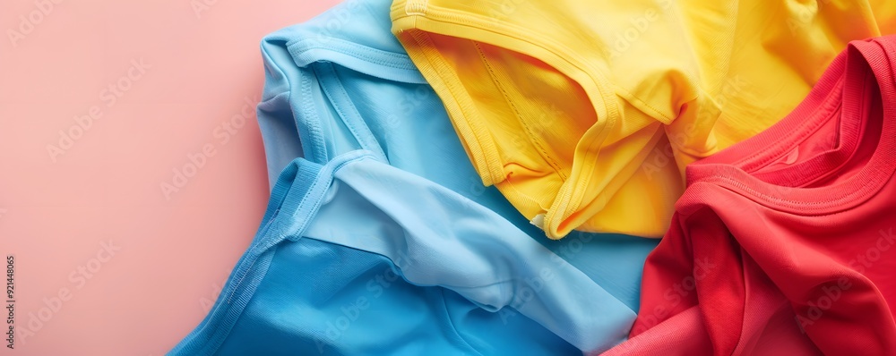 Colorful Fabric T-shirts Layered on Pink Background Colorful Fabric T-shirts Layered on Pink Background
